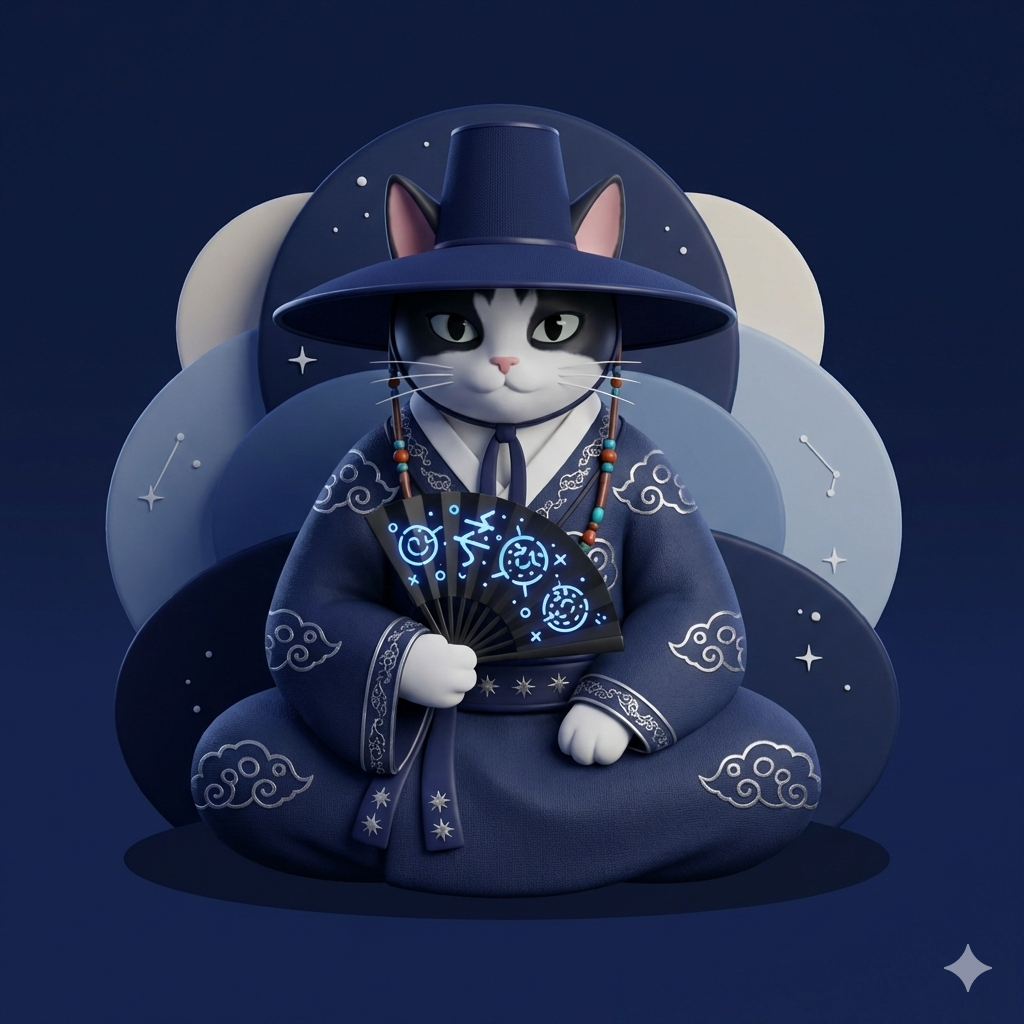 삿갓과 도포를 입은 고양이 이미지
